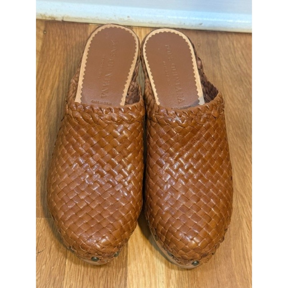 Pons Quintana Woven Leather Clog Mule Size 40 Cognac Wood Wedge Made in Spain